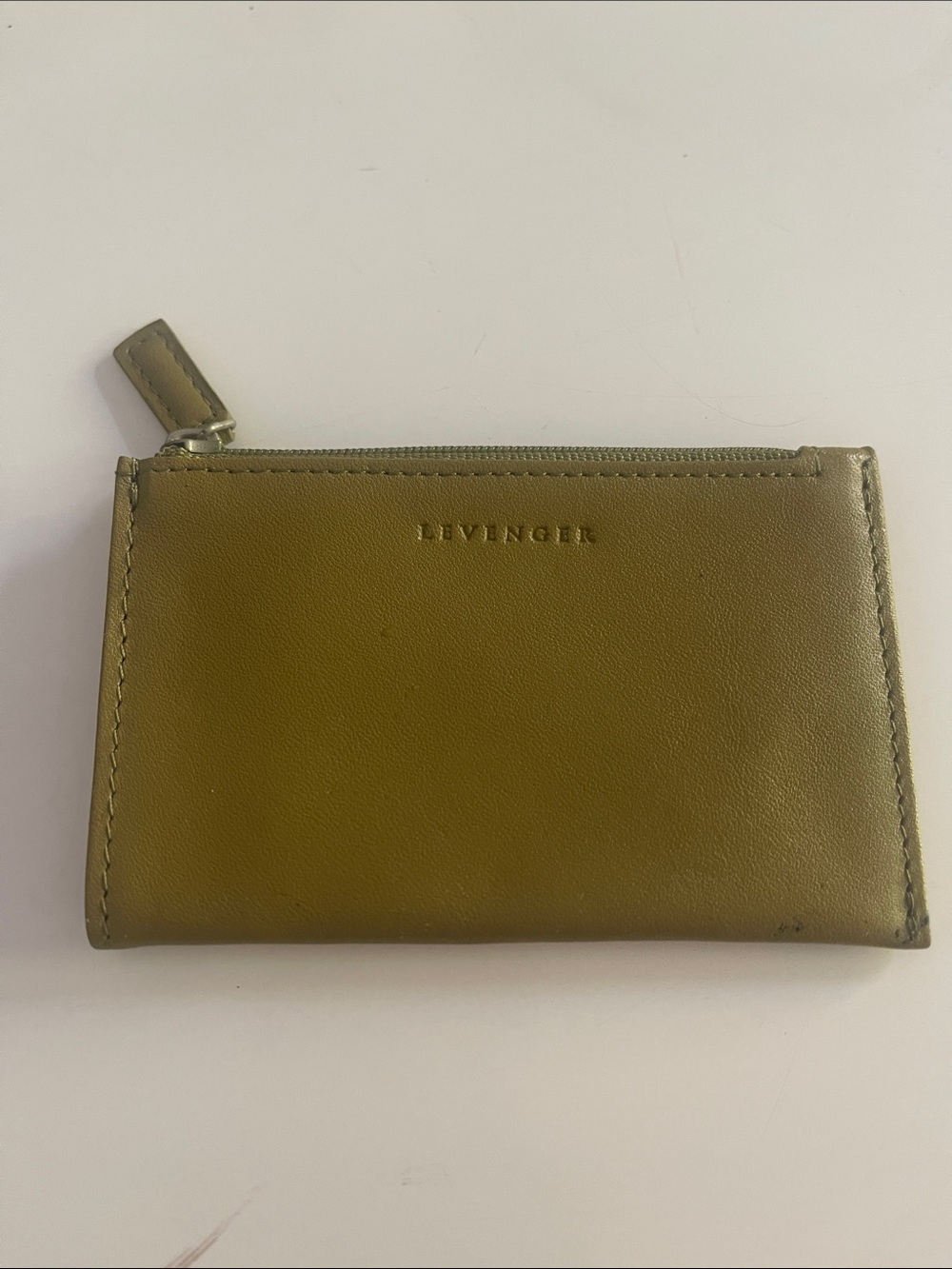 Levenger Olive Leather Zip Card Wallet